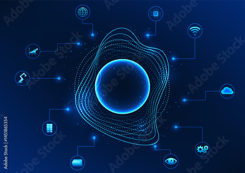Sound wave in a circle surrounded by an AI icon represents AI technology that can listen and process voice commands to control automatic functions in various systems as a smart device. Business