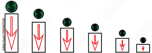 budget reduction icon, cost reduction icon, falling cost icon.