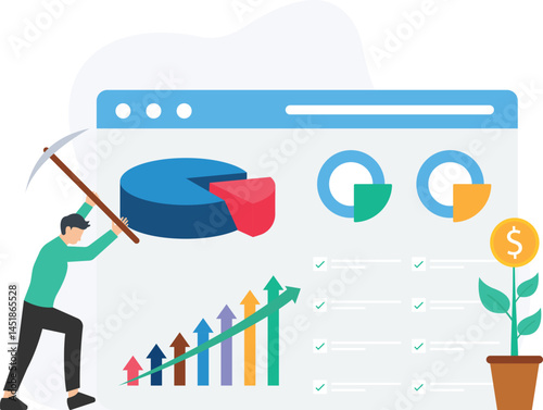 Businessman using pickaxe or digital tool to extract data from website or online sources, mining valuable information or insights to increase profit or revenue, analyzing consumer behavior or market 