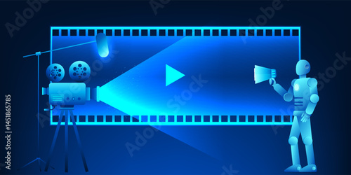 Camera is projecting a film, with a robot giving commands, suggesting the use AI to create videos through commands or text, demonstrating Generative AI's potential to automate and create video media