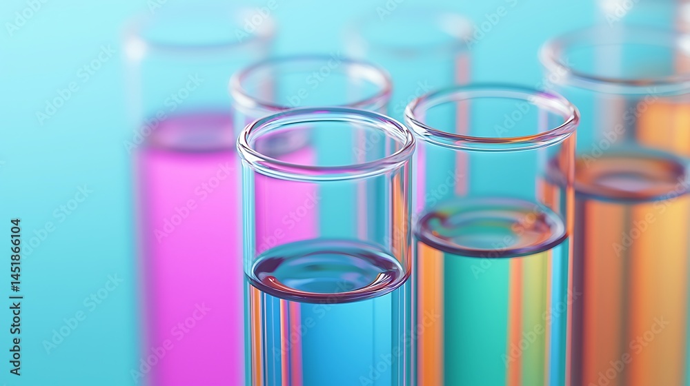 Colorful test tubes filled with vibrant liquids, set against a bright blue background, symbolizing scientific research and chemistry. Colorful test tubes filled with vibrant liquids, set against a bright blue background, symbolizing scientific research and chemistry.