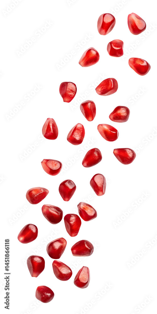 Falling pomegranate seeds cascading isolated on transparent background Falling pomegranate seeds cascading isolated on transparent background