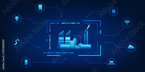 Industrial factories connected with various innovation icons represent the development of factories into smart forms that integrate modern technology to increase efficiency and respond market demands