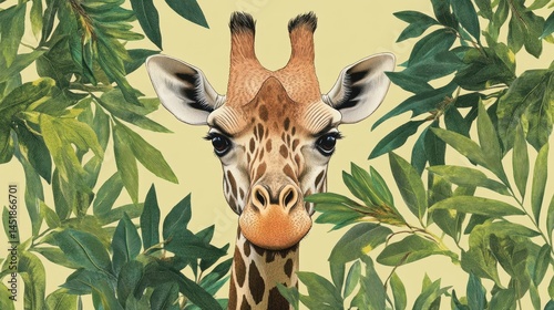 An illustration of a giraffe peeking through lush foliage, capturing its distinctive spots and long neck partially obscured by vibrant green leaves. photo