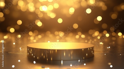 Set against a radiant gold background, the podium gleams with elegance, surrounded by glowing, blurry bokeh lights that bring a magical touch to the atmosphere.