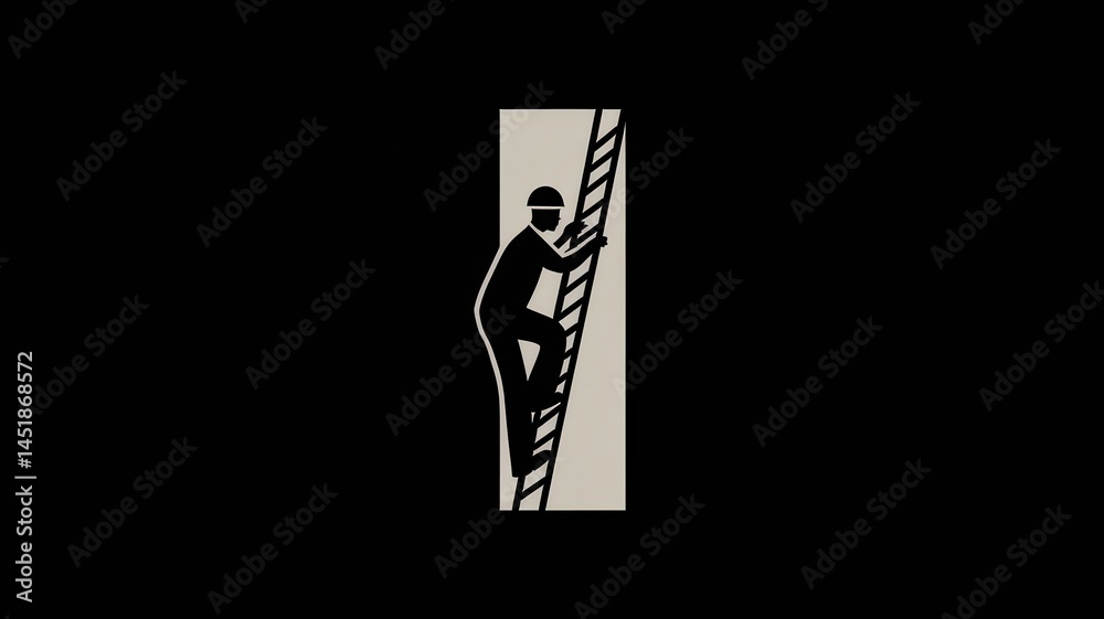 Fototapeta premium Silhouette of a worker climbing a ladder, minimalist design, black and beige color palette.