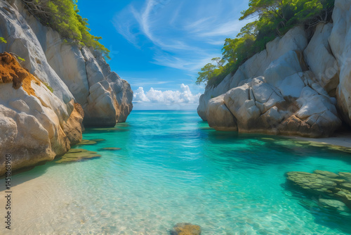 Tropical paradise beach with turquoise waters and rock formations under a sunny sky