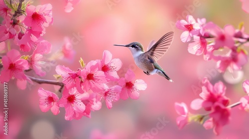 An illustration of a hummingbird in flight, hovering delicately in front of a vibrant orange flower. photo