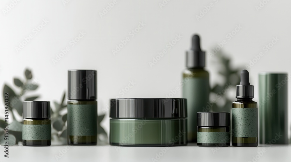 Cosmetic display featuring green skincare products arranged elegantly on a minimalist surface Cosmetic display featuring green skincare products arranged elegantly on a minimalist surface