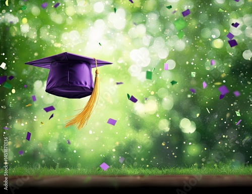 Graduation cap floating amidst confetti in a lush green background.  A celebratory graduation moment