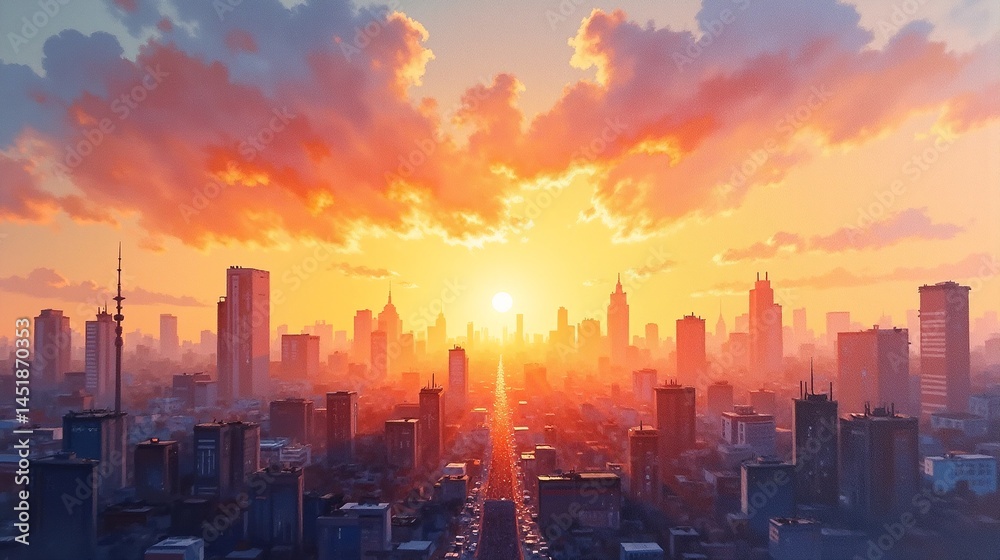 Fototapeta premium Sunset Serenade: Tranquil Cityscape Elegance