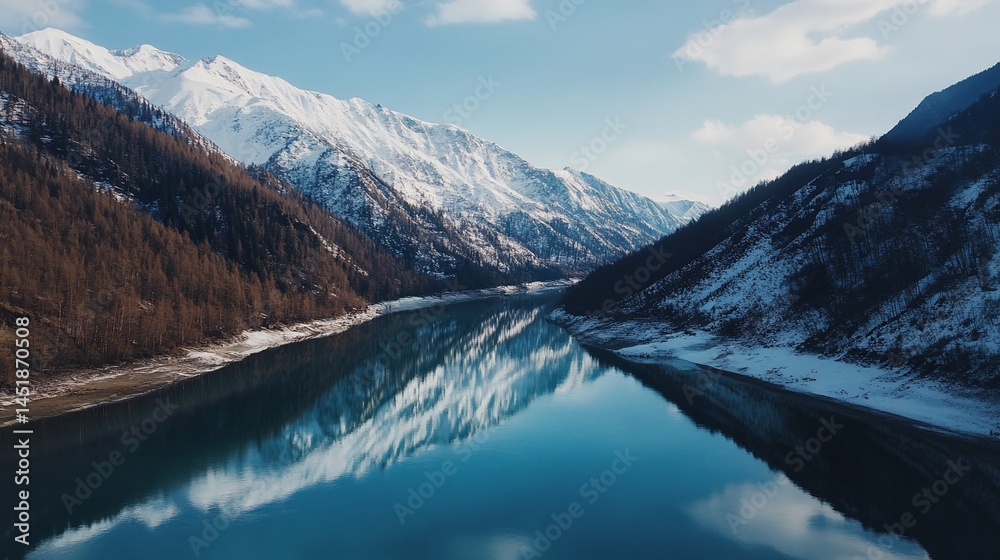 Fototapeta premium Snow-capped mountains, reflecting in a serene lake