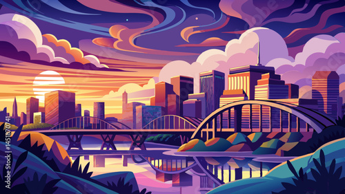 Dusk paints the clouds in violet and gold,
The bridge stands graceful, silent, bold.
Edmonton glows beneath fading light,
A peaceful pause before the night.