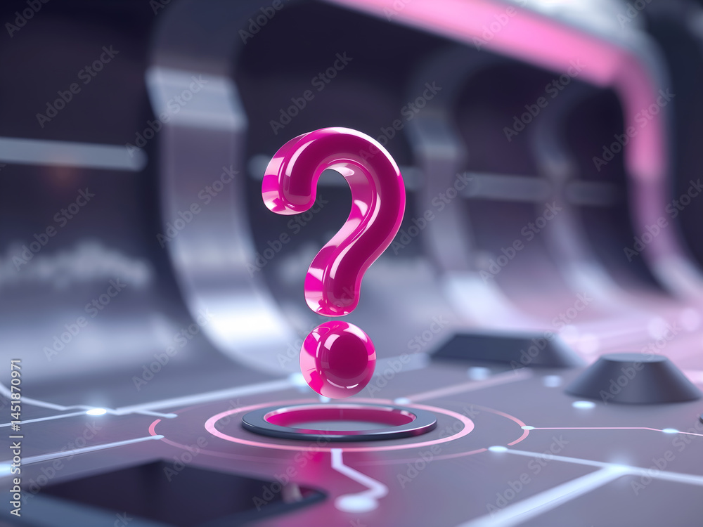 Glowing neon pink question mark in a digital circuit environment, symbolizing inquiry, technology, and futuristic thinking in a tech-themed design. Generative AI