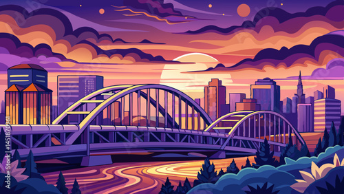 Dusk paints the clouds in violet and gold,
The bridge stands graceful, silent, bold.
Edmonton glows beneath fading light,
A peaceful pause before the night.