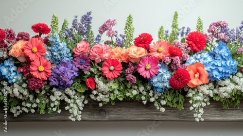 Vibrant floral arrangement featuring a mix of roses, daisies, and hydrangeas on a rustic wooden base