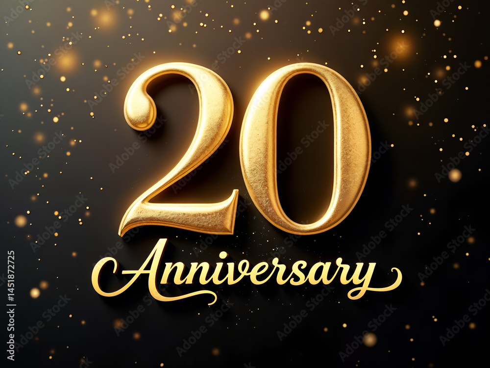 20th anniversary celebration image with luxurious golden balloon numbers and festive sparkle on black background for elegant invitations. Generative AI