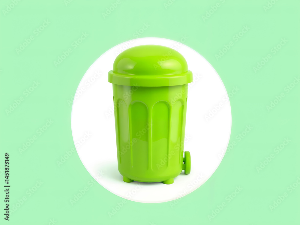 Green plastic garbage bin icon in 3D style over a mint background, suitable for environmental or waste management illustrations. Generative AI