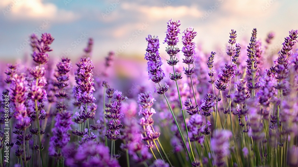 Fototapeta premium Lavender Flowers Blooming Under Soft Sunlight in Beautiful Rows