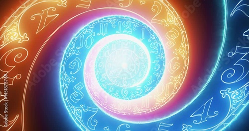 Classic spiral fire dial endlessly moving towards the camera. No arrows. It symbolizes the infinity of time. 2 colors On black background. 3D render