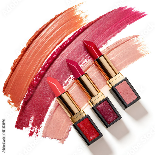 set of lipsticks with brush strokes , Different colors of lipstick with strokes isolated on white background, lipstick with strokes for sample, Advertising, marketing, flyer, promotion
