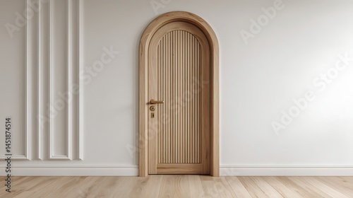 Wooden arched door on a white wall