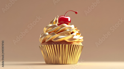 A golden cupcake with a swirl of metallic gold frosting and a bright red cherry on top sits against a muted gold background.