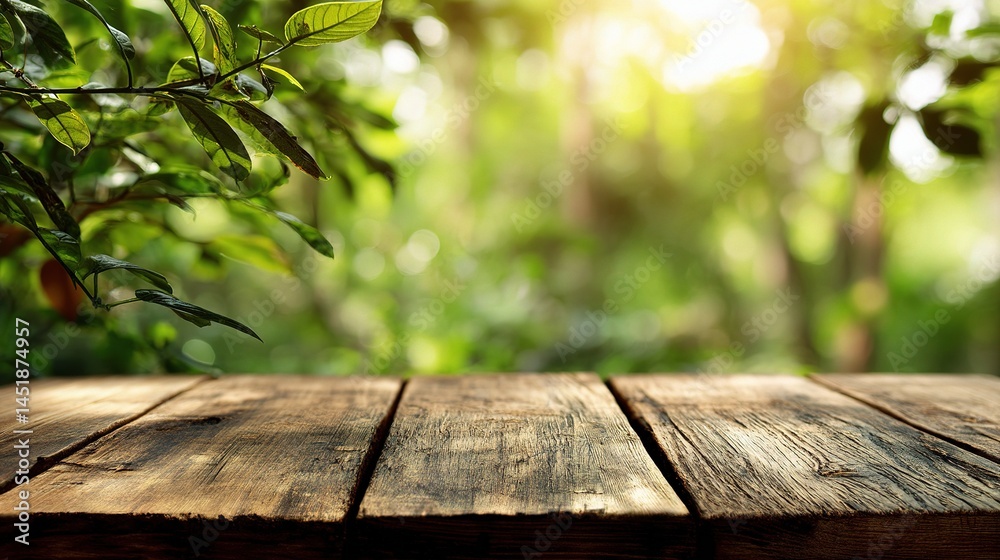 Fototapeta premium Rustic Wooden Table Top with Spring Forest Background Light