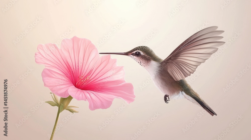 Obraz premium An illustration of a hummingbird in flight, hovering delicately in front of a vibrant orange flower.