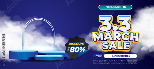 3.3 March Shopping Sale discount deals Exclusive dynamic deep Blue gradient Editable text effect showcase podium stage product with cloudy style for Marketing Promotion Horizontal banner template