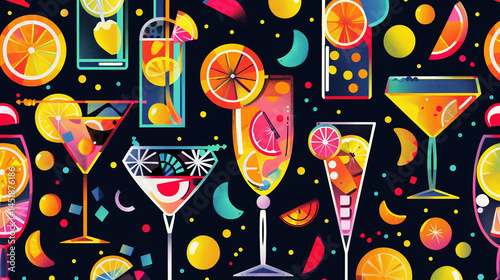Bar banner, poster geometric colorful design with aperol spritz cocktails and oranges. Night party  flat illustration. Alcoholic, non-alcoholic drinks cocktail menu elements