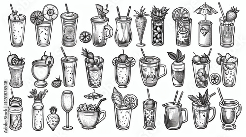 Fresh up beverage, fruit or vegetable refreshment smoothies drinks doodle hand drawn design set. Vegetarian organic juicy lemonade, natural milkshake