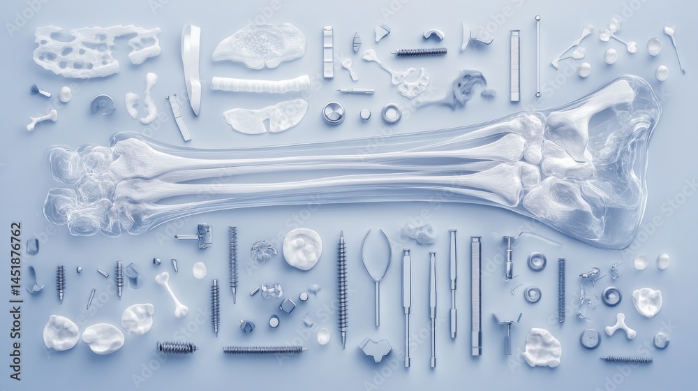 Fototapeta premium Medical instruments and bone structures in light blue background