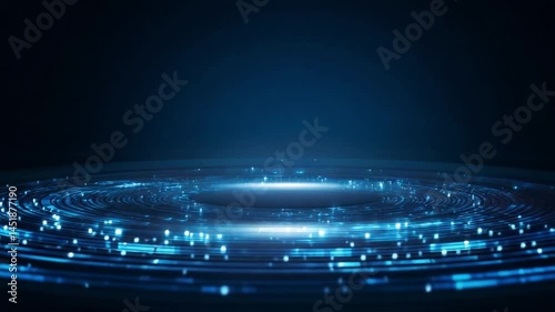 Abstract blue digital background with glowing circles and particles creating a dynamic atmosphere