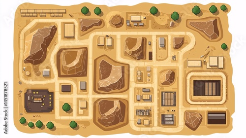Fototapeta Naklejka Na Ścianę i Meble -  site layout map of a marble mining and processing operation with clearly marked sections for extraction, transport, and fabrication marble industry site map mining processing layout extraction 