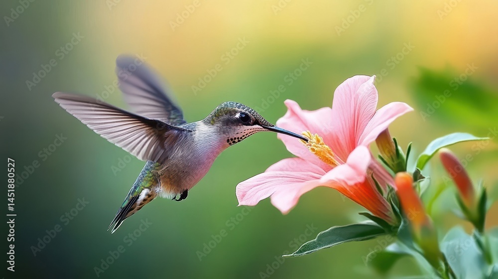 Naklejka premium An illustration of a hummingbird in flight, hovering delicately in front of a vibrant orange flower.