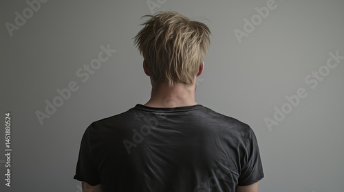 Back view of a hunched, disheveled blonde man in a dark t-shirt, smartphone portrait
