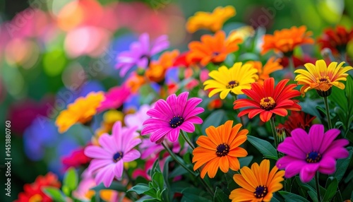 Vibrant Daisy Symphony: A burst of vividly colored daisies creates a cheerful scene. Showcasing the beauty and diversity of nature's floral palette, this image evokes feelings of joy.