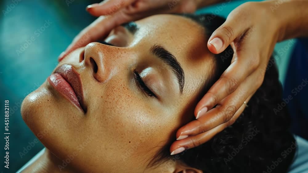 Gently massaging scalp with fingers, showcasing smooth hair and relaxed hands. Self care and relaxation	
