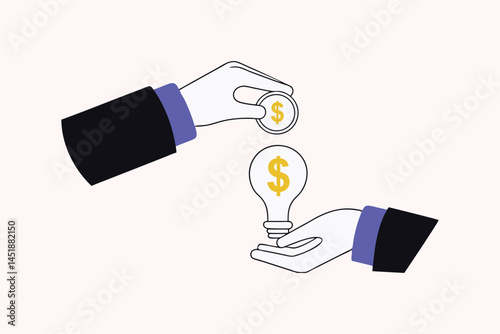 Crowdfunding and Venture Capital Concept Businessman Funding Startup Idea with Dollar Coin and Light Bulb Illustration
