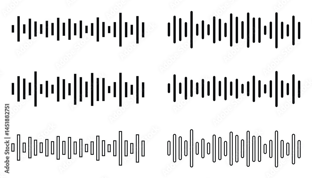 Obraz premium Sound Wave Vector Icon Set – Monochrome Audio Lines for Music, Equalizer, and Voice Signals