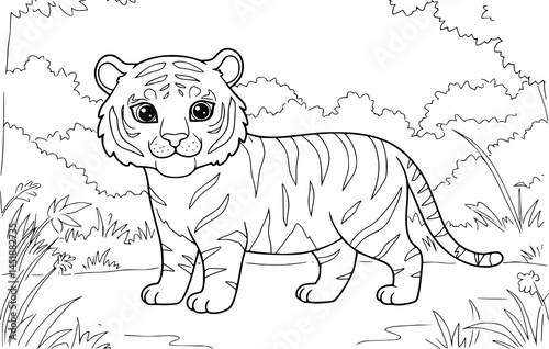 vector illustration of a tiger in forest. coloring page