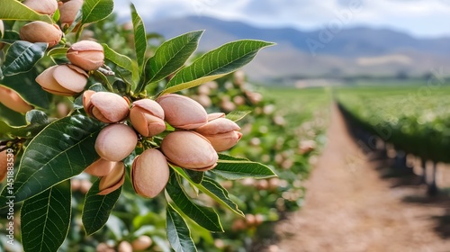 Almond Orchard Rows Summer Sunlight Ripe Almonds Growing Tree Branches