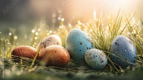 Beautiful Springtime Scene with Painted Eggs on Soft Grass