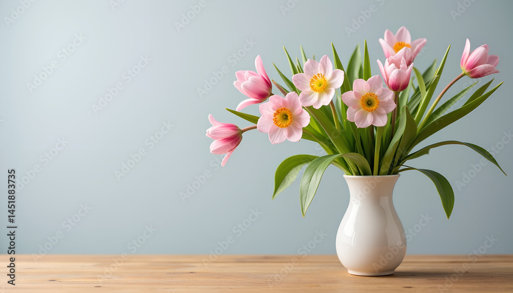 custom made wallpaper toronto digitalFresh Pink Tulips and Daisies in a Vase on a Wooden Table