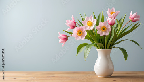 Wallpaper Mural Fresh Pink Tulips and Daisies in a Vase on a Wooden Table   Torontodigital.ca