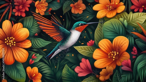 An illustration of a hummingbird in flight, hovering delicately in front of a vibrant orange flower.