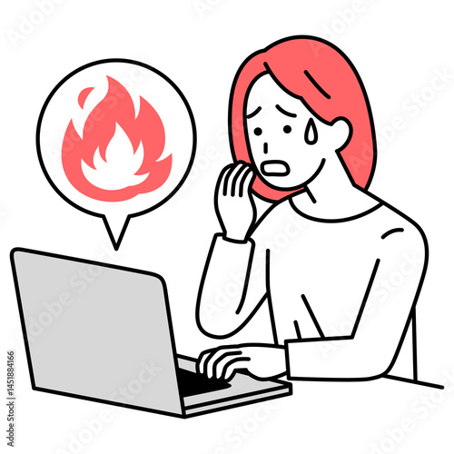 SNSが炎上して困惑しているカジュアルな女性（ノートパソコン）