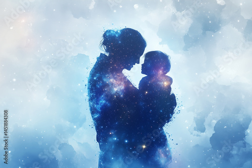 Wallpaper Mural Artistic illustration of a cosmic mother holding her child, her body made of galaxies and stars, dreamy and emotional atmosphere, fantasy watercolor style. happy mother's day Torontodigital.ca