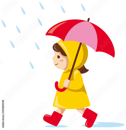 雨の降る中レインコートを着て傘をさしながら歩く女の子のベクターイラスト(Cute vector illustration of a girl walking in the rain wearing a raincoat and holding an umbrella)